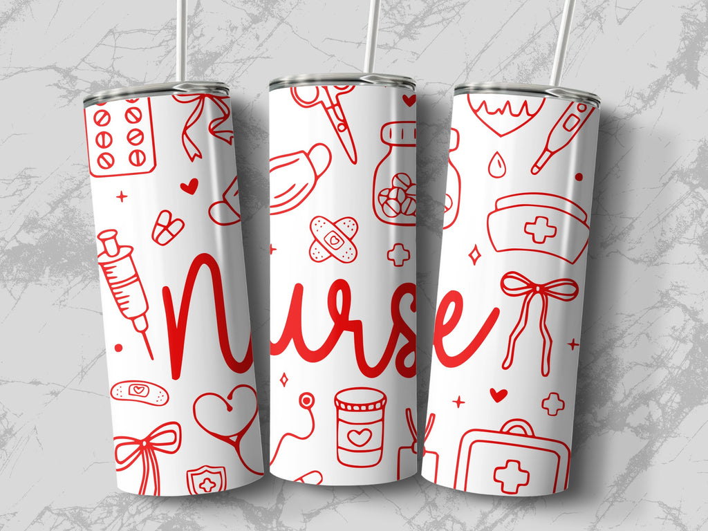 White tumbler with red medical icons and "Nurse" text.