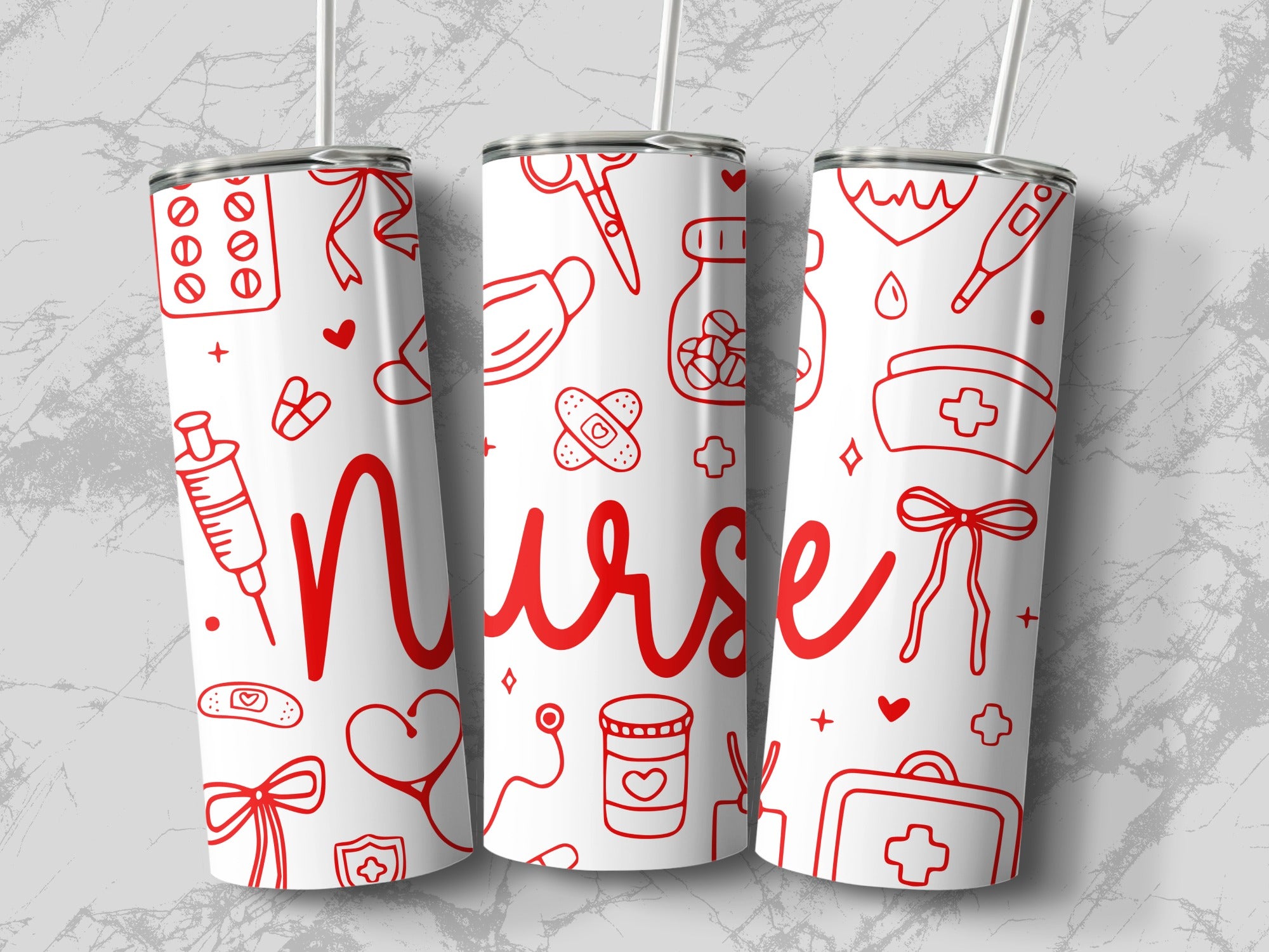 White tumbler with red medical icons and "Nurse" text.