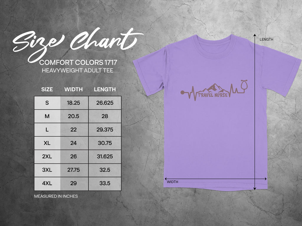 Size chart for Comfort Colors 1717 heavyweight adult tee with measurements.