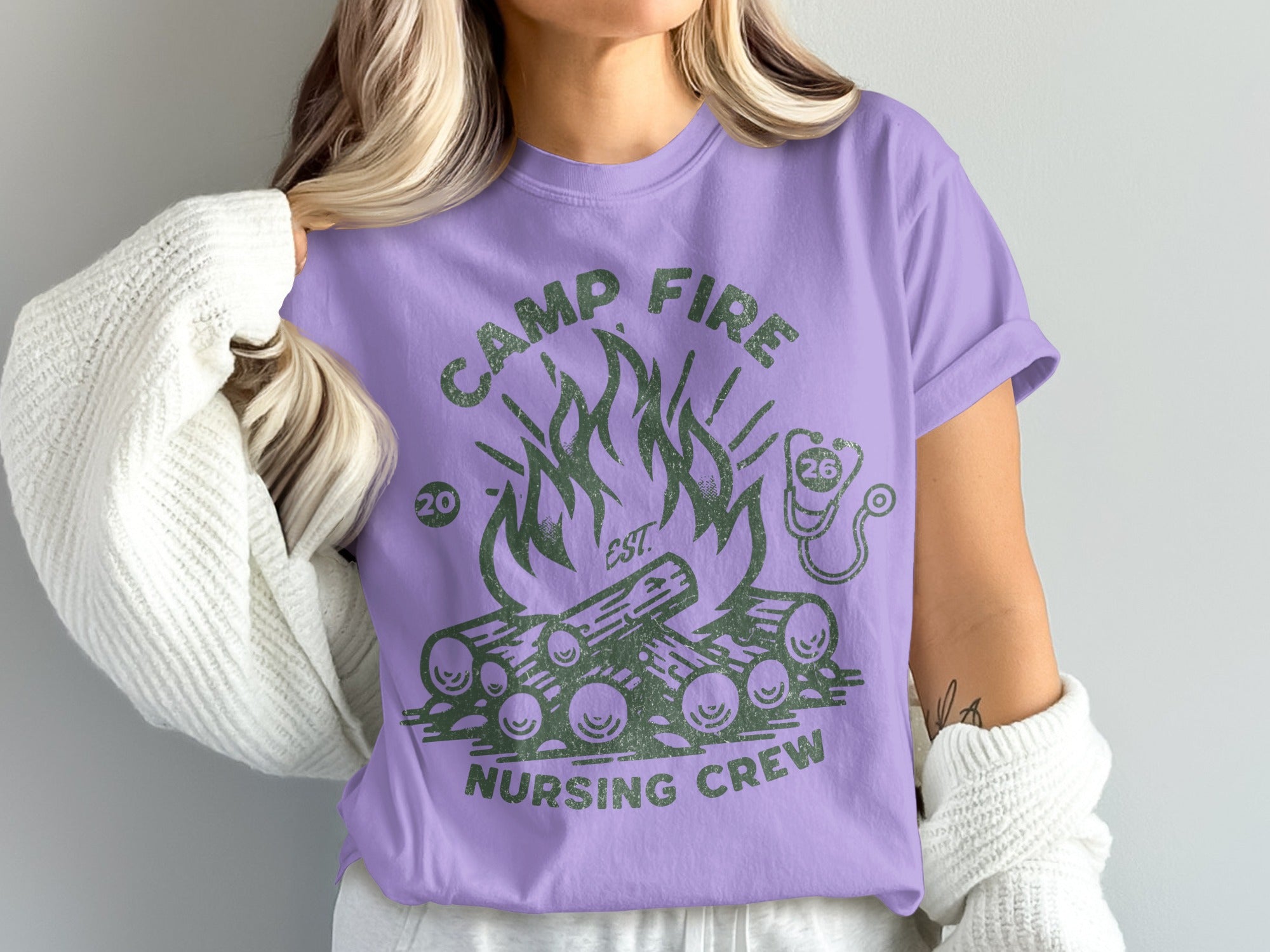 Camp Fire Nursing Crew graphic t-shirt with campfire and stethoscope.