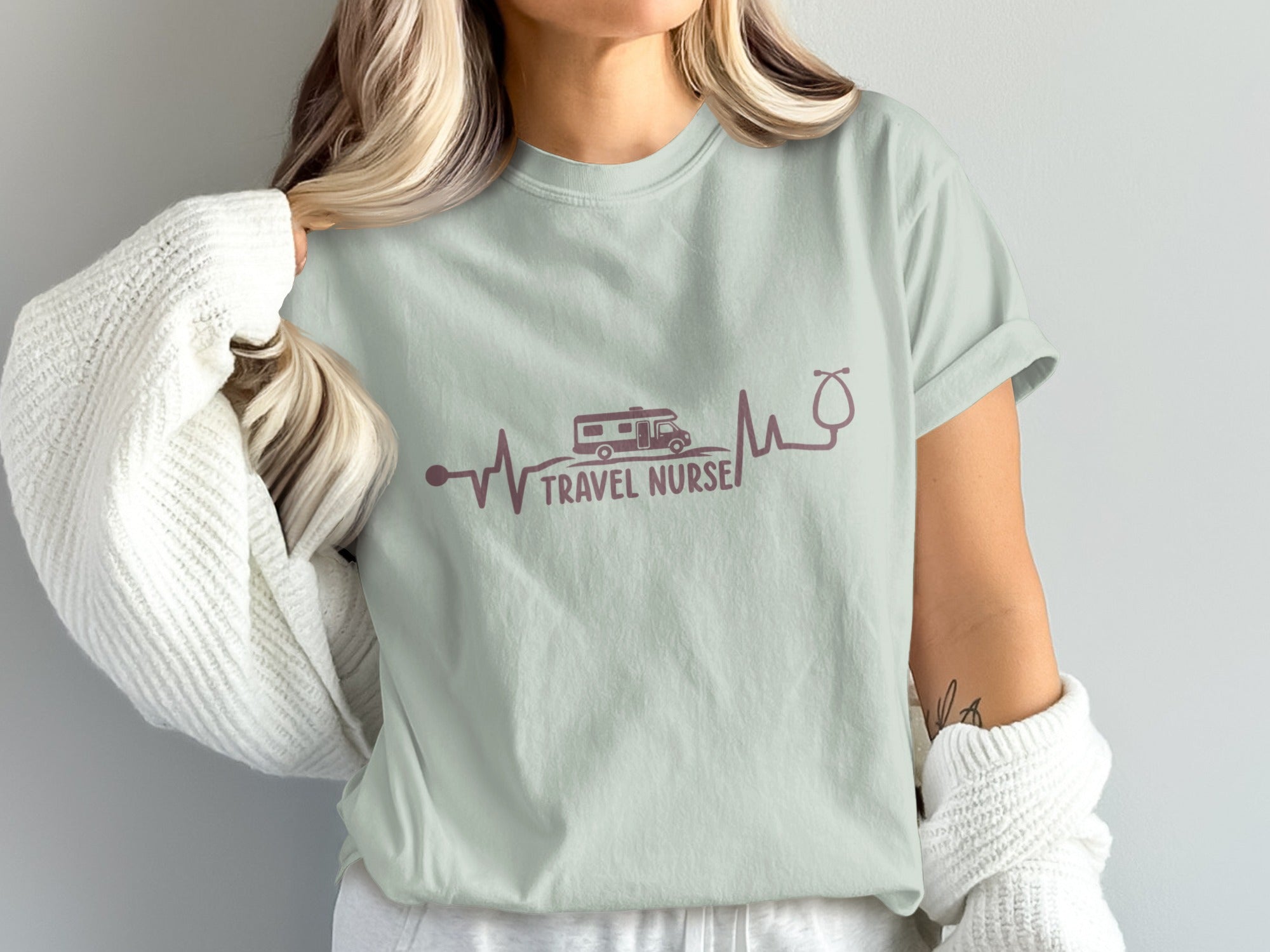 Light purple t-shirt with travel nurse graphic featuring RV and stethoscope.