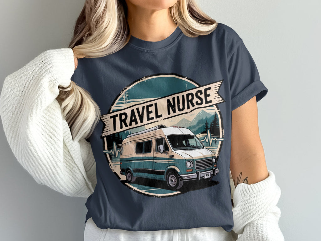 Retro van with mountains and a heartbeat line, reading "Travel Nurse"