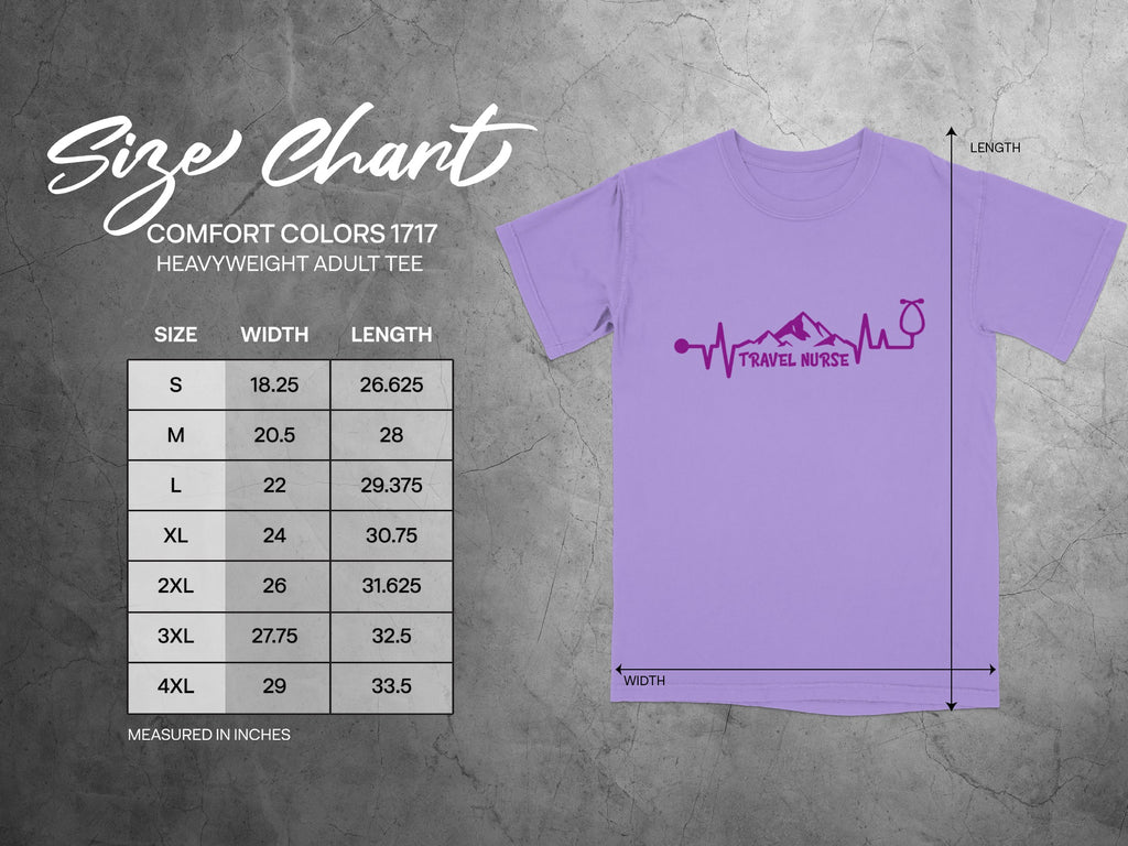 Size chart for Comfort Colors 1717 heavyweight adult tee, showing width and length in inches.