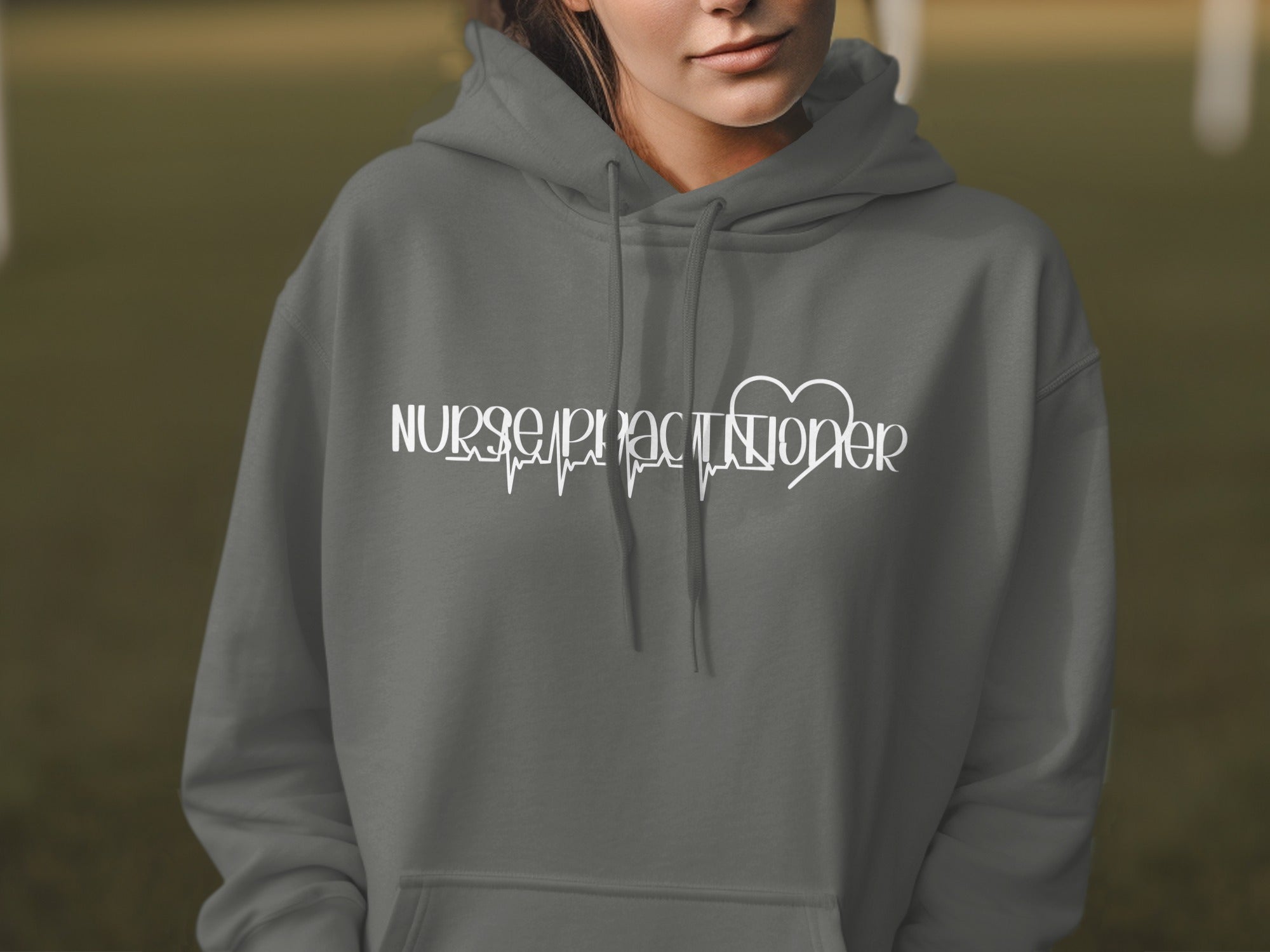 Grey hoodie with "Nurse Practitioner" text and heartbeat line.