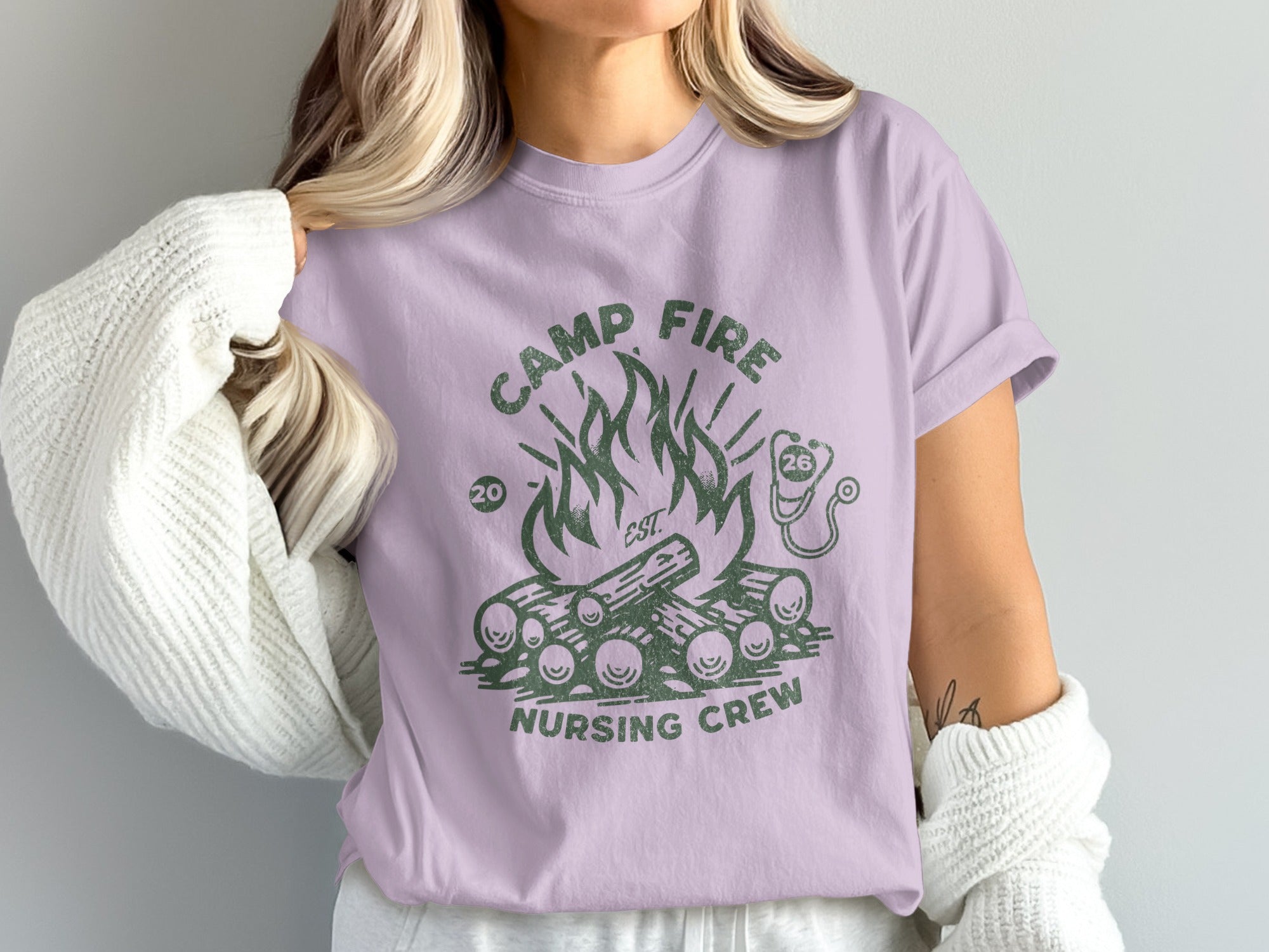 Camp Fire Nursing Crew t-shirt with campfire and stethoscope design.