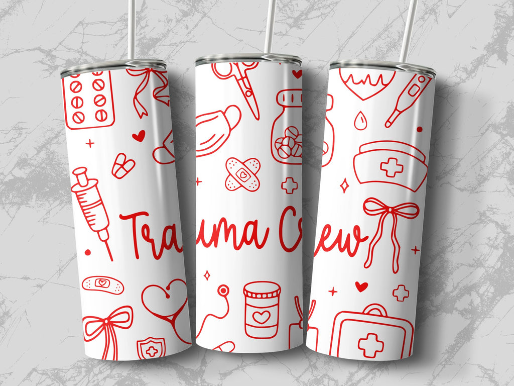 White tumbler with red medical icons and "Trauma Crew" text.
