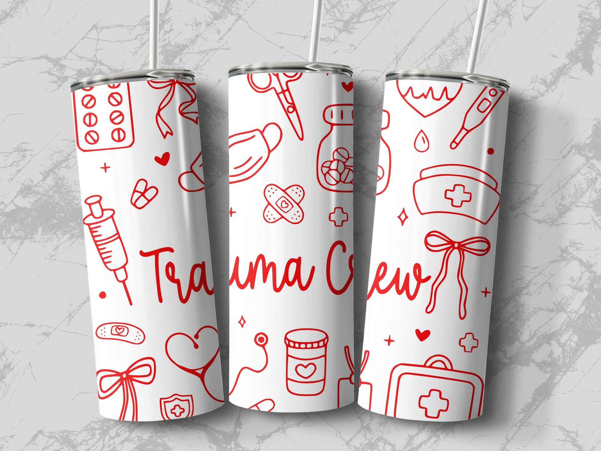 White tumbler with red medical icons and "Trauma Crew" text.