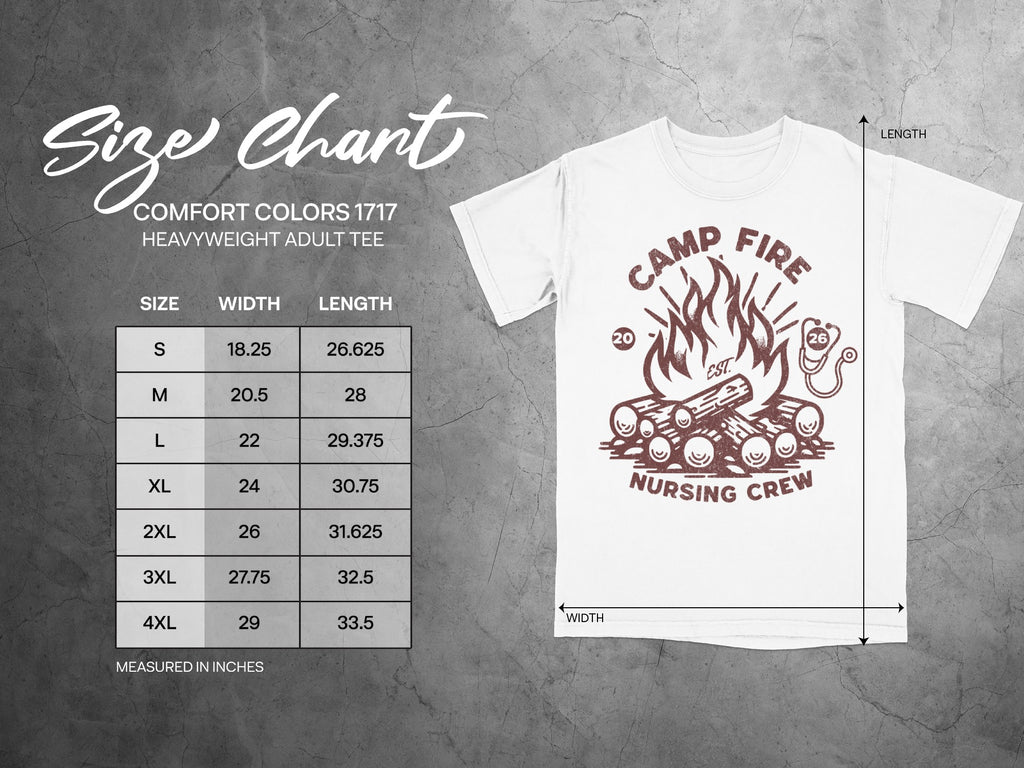 Size chart for Comfort Colors 1717 heavyweight adult tee with measurements.