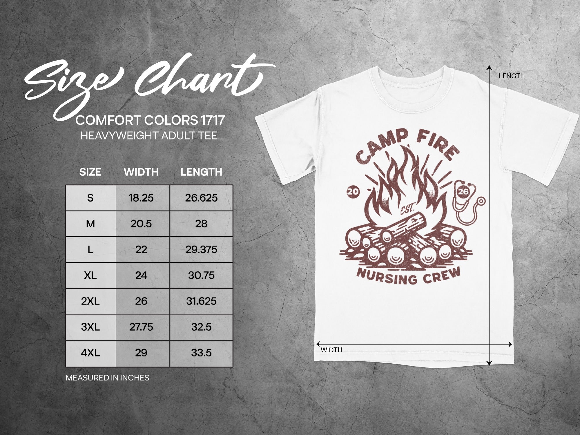 Size chart for Comfort Colors 1717 heavyweight adult tee with measurements.