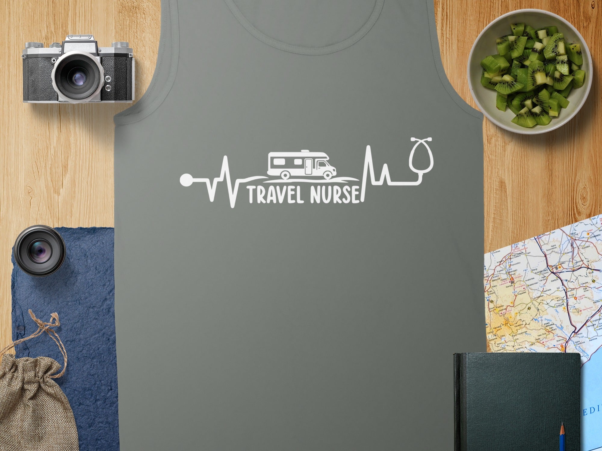 Grey tank top with "TRAVEL NURSE" and heartbeat graphic.