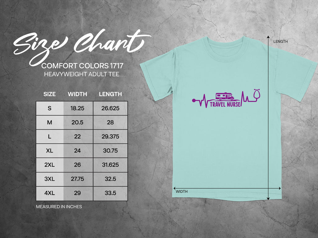 Size chart for Comfort Colors 1717 heavyweight adult tee.