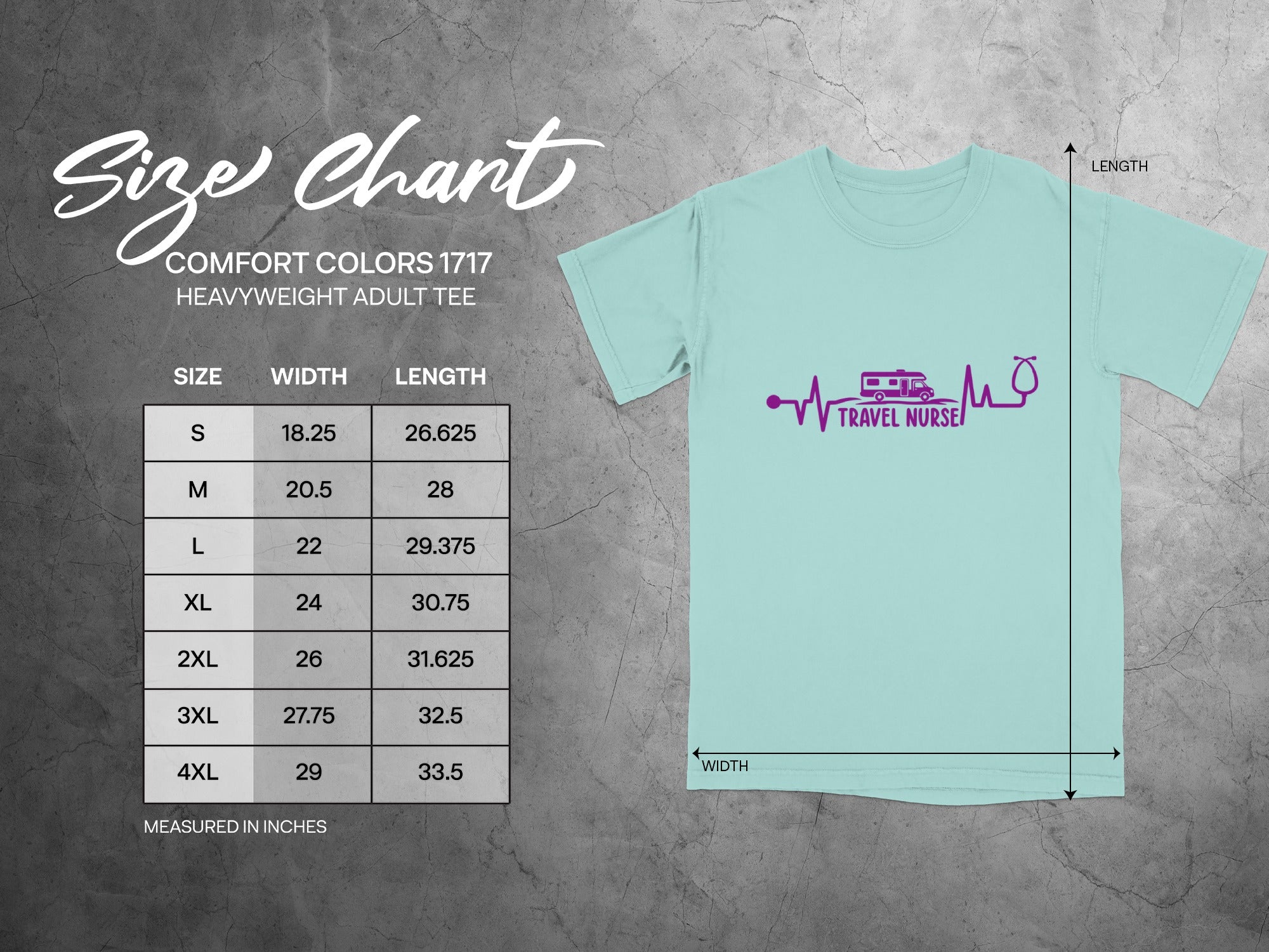 Size chart for Comfort Colors 1717 heavyweight adult tee.