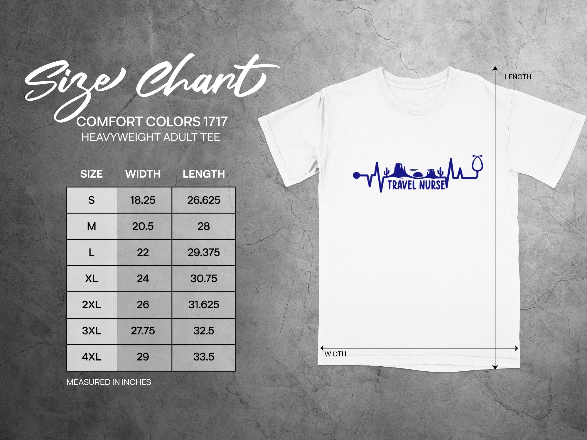 Size chart for Comfort Colors 1717 heavyweight adult tee, showing size, width, and length.