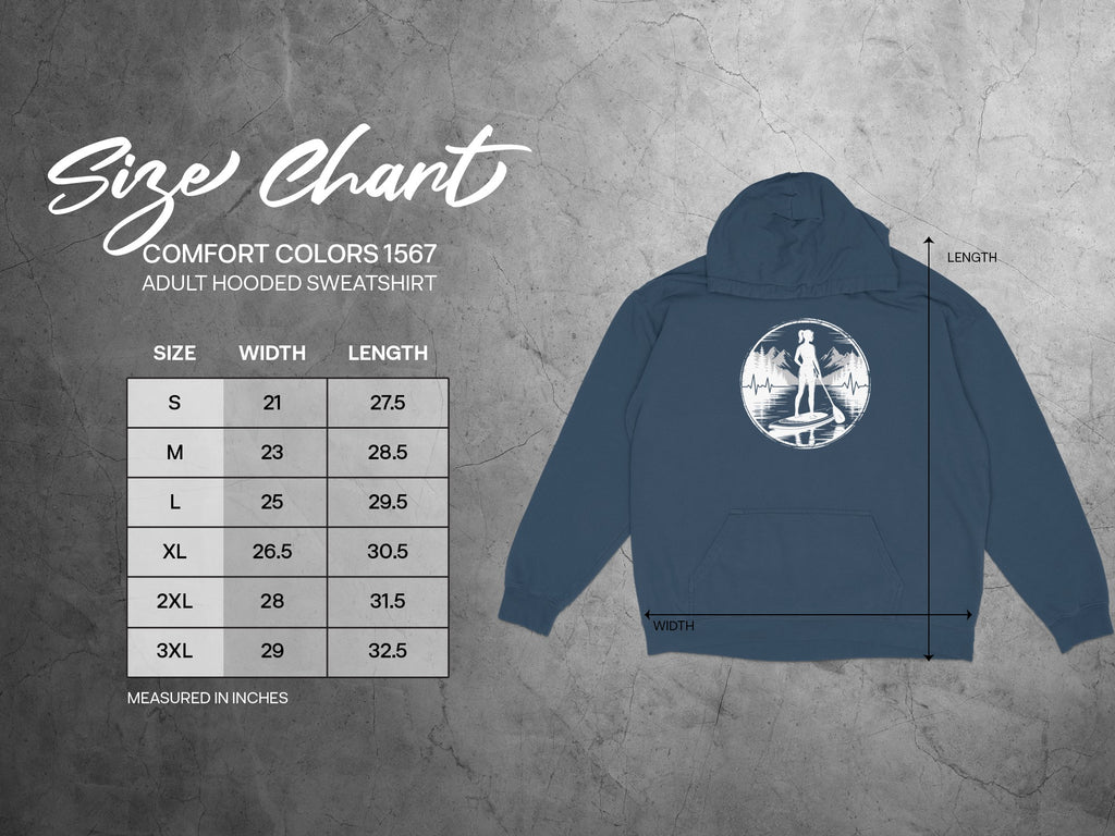 Comfort Colors 1567 adult hooded sweatshirt size chart with measurements.
