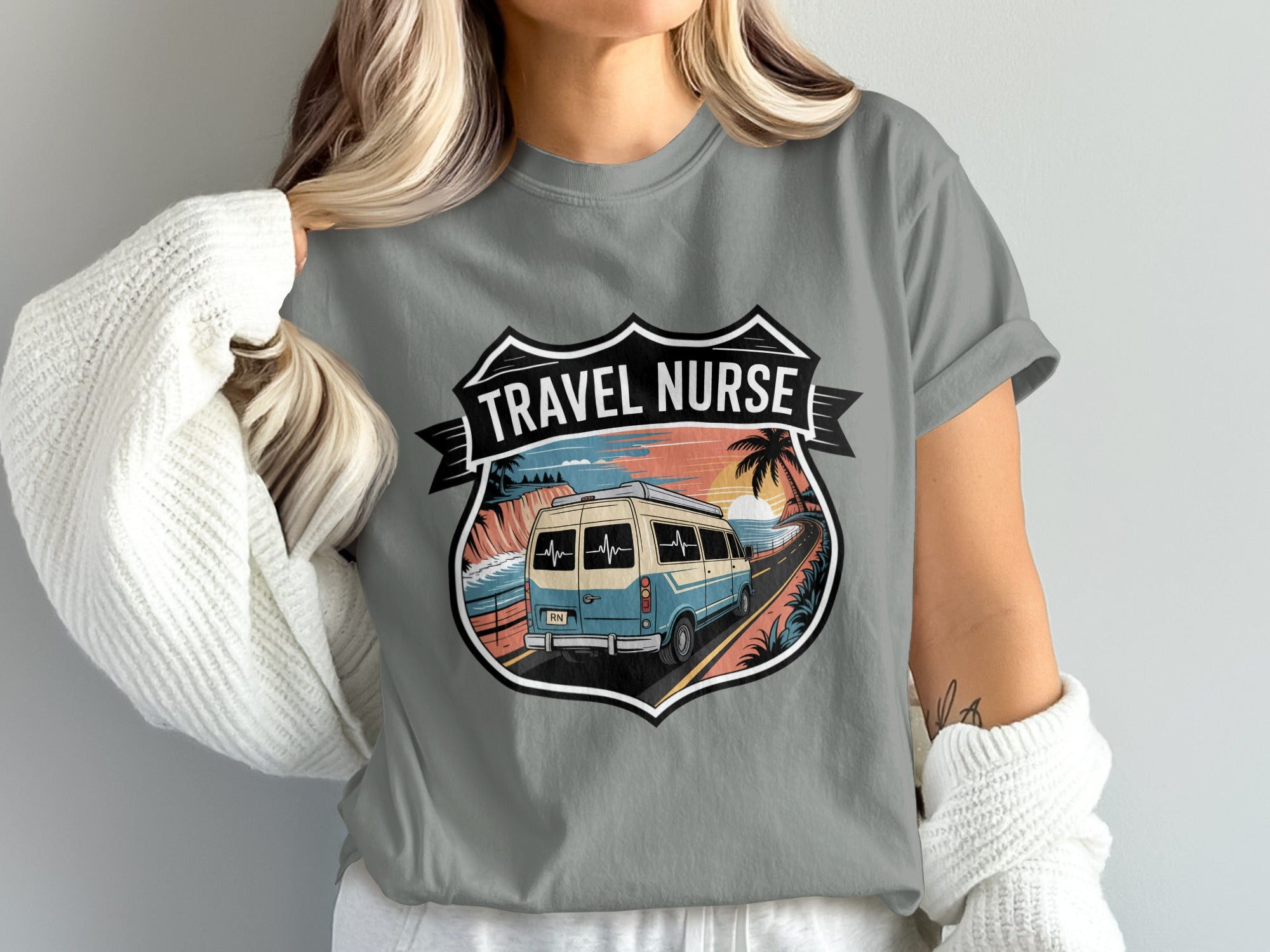 Travel Nurse t-shirt with van, ocean, and palm trees.