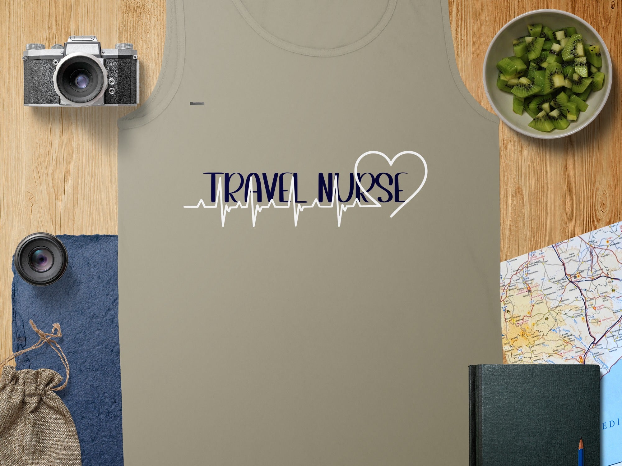 Tan tank top with "TRAVEL NURSE" and a heart pulse graphic.