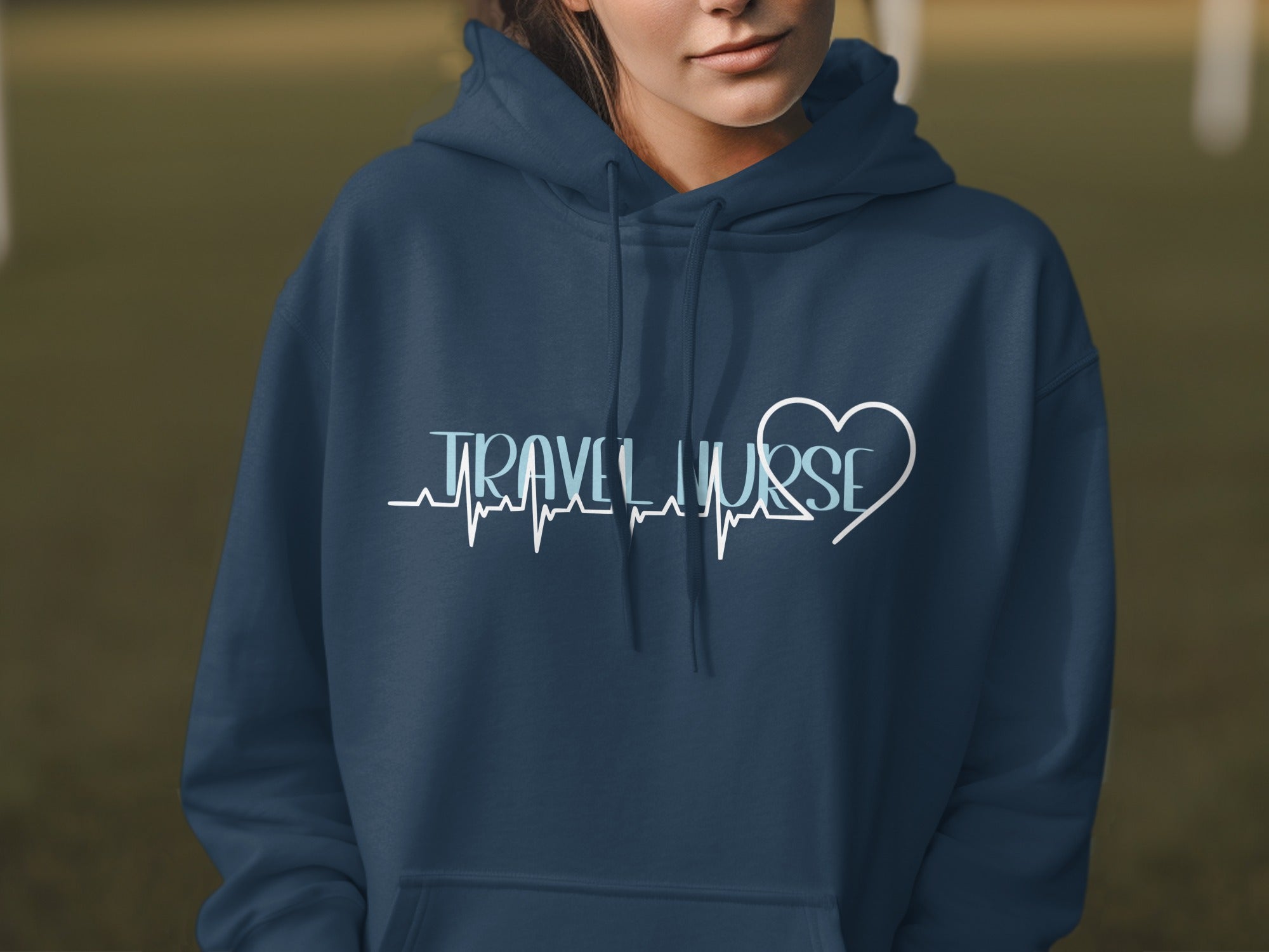 Navy hoodie with "Travel Nurse" text and a heart stethoscope design.