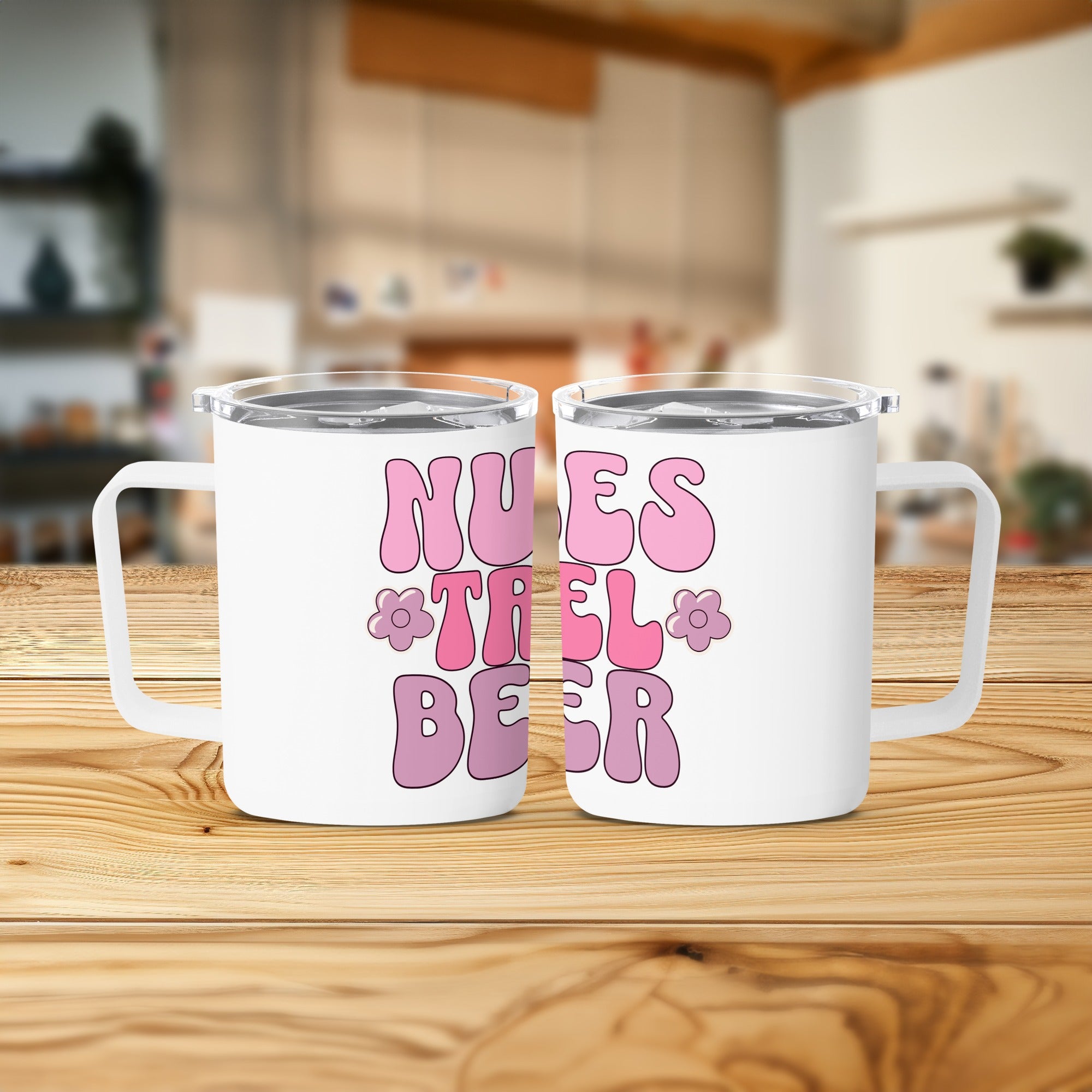 White travel mugs with "Nurses: The Best" text and flower graphics.