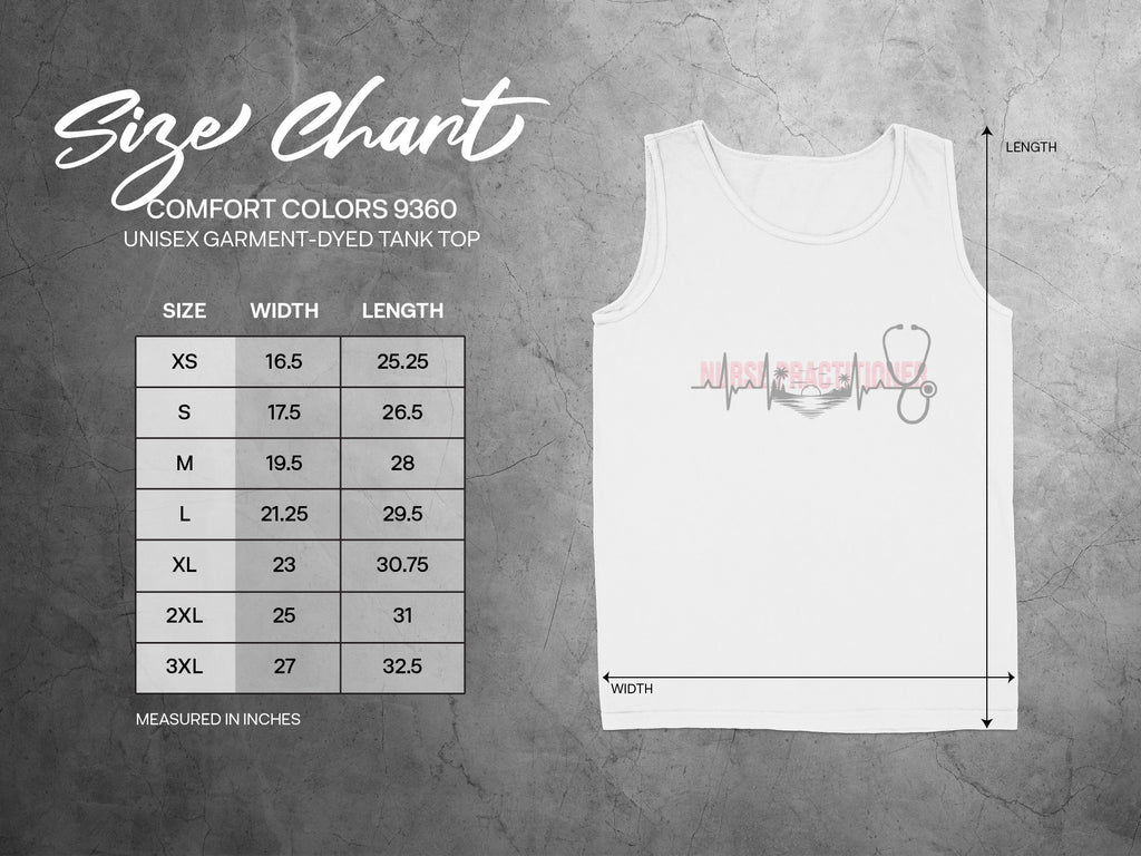 Unisex tank top size chart with measurements for width and length.