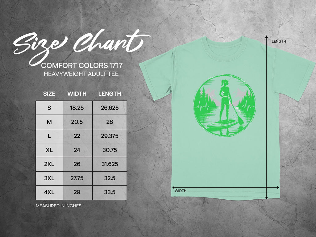 Size chart for Comfort Colors 1717 heavyweight adult tee with measurements in inches.