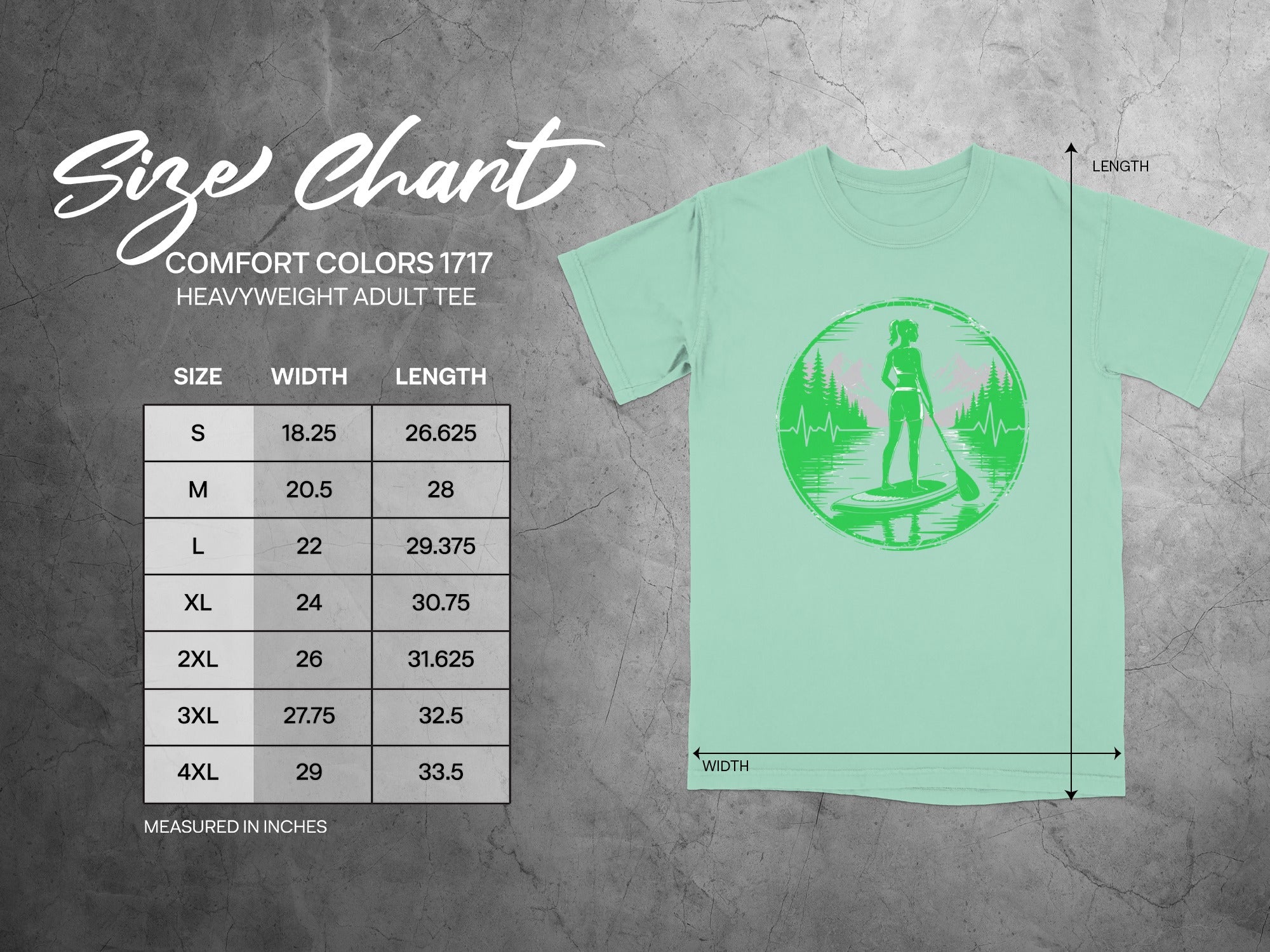 Size chart for Comfort Colors 1717 heavyweight adult tee with measurements in inches.