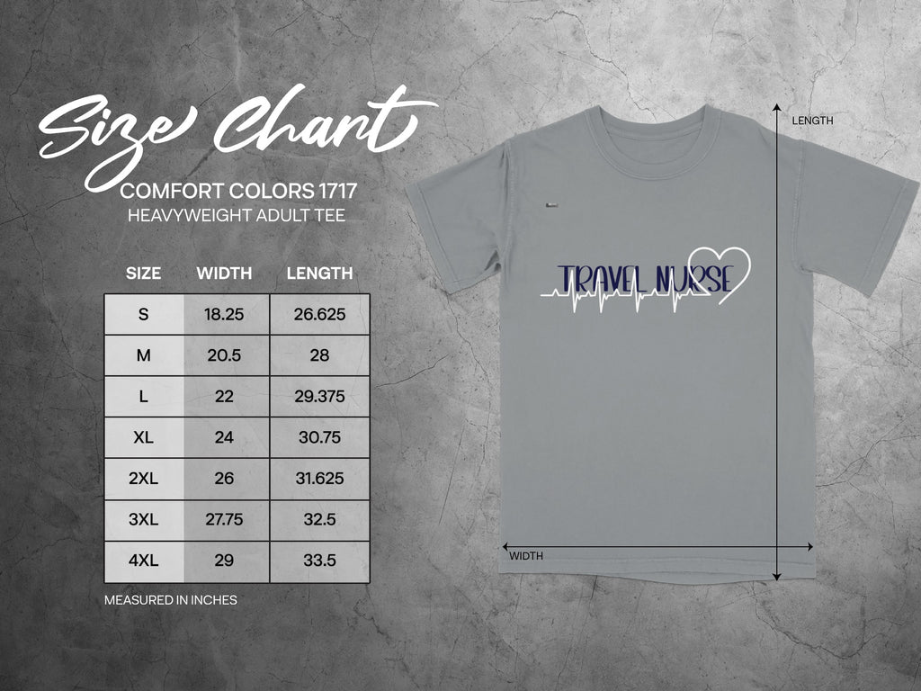 Size chart for Comfort Colors 1717 heavyweight adult tee, showing measurements in inches.