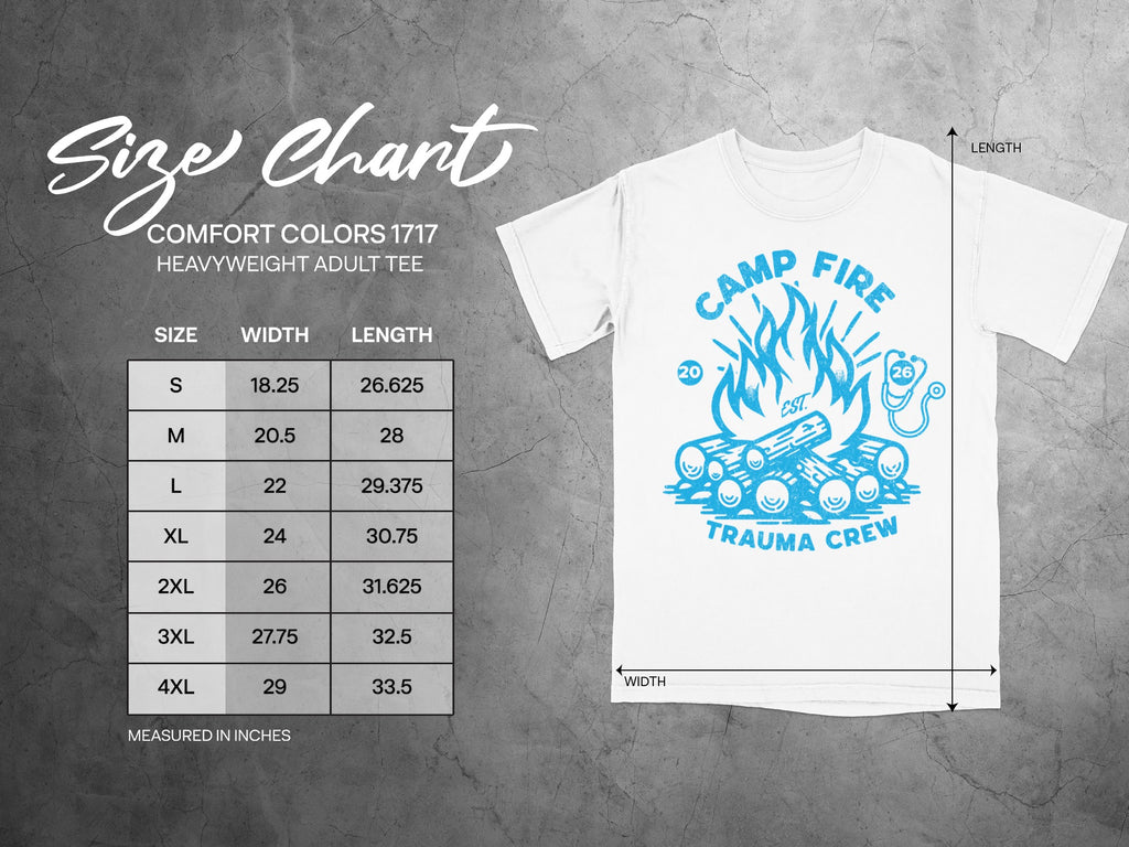 Comfort Colors size chart for heavyweight adult tee with "Camp Fire Trauma Crew" graphic.