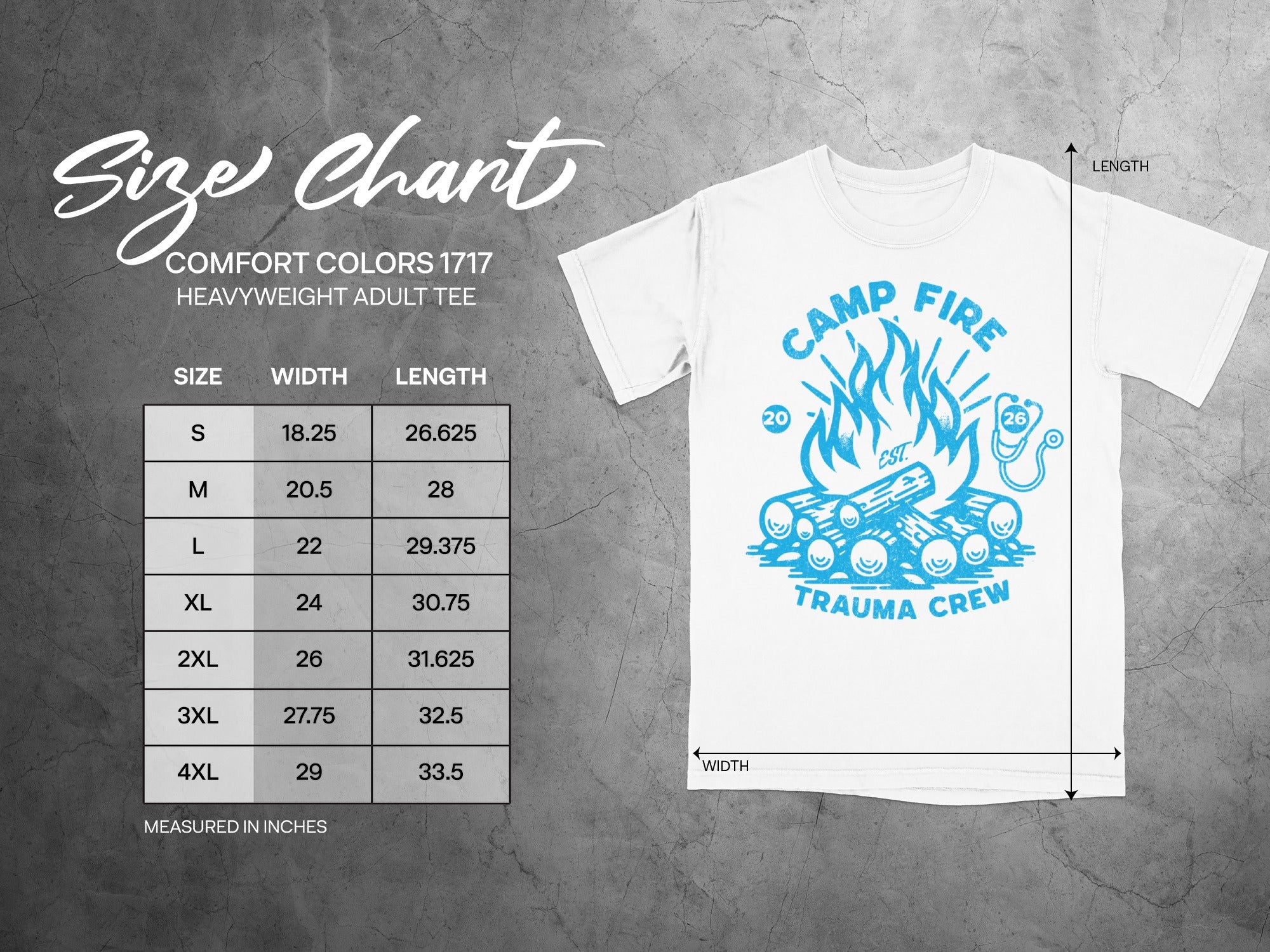 Comfort Colors size chart for heavyweight adult tee with "Camp Fire Trauma Crew" graphic.