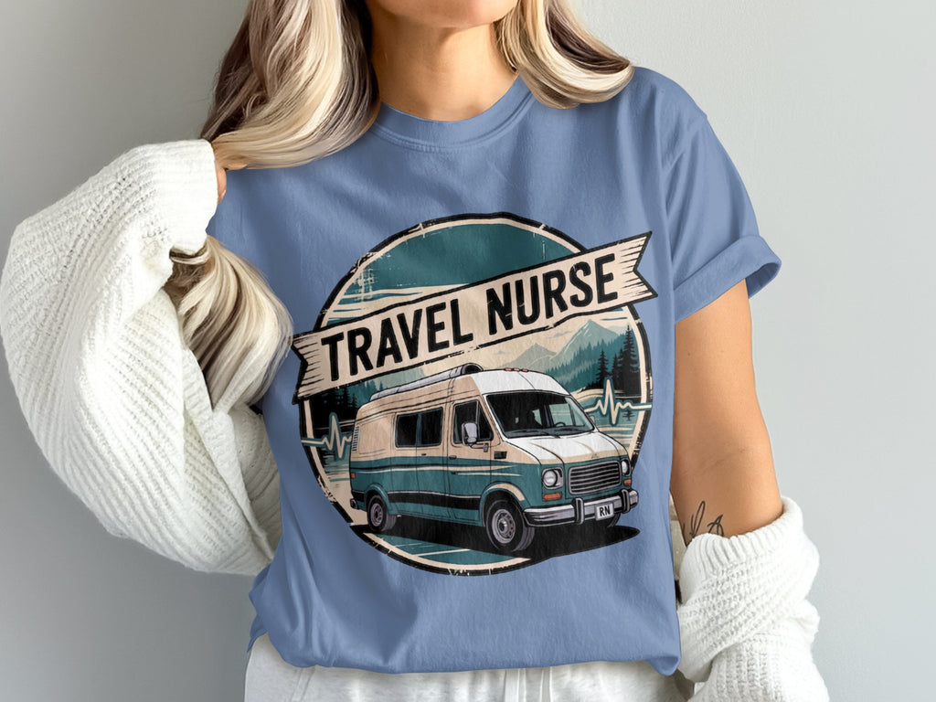 Travel nurse t-shirt with vintage van, mountains, and RN text.