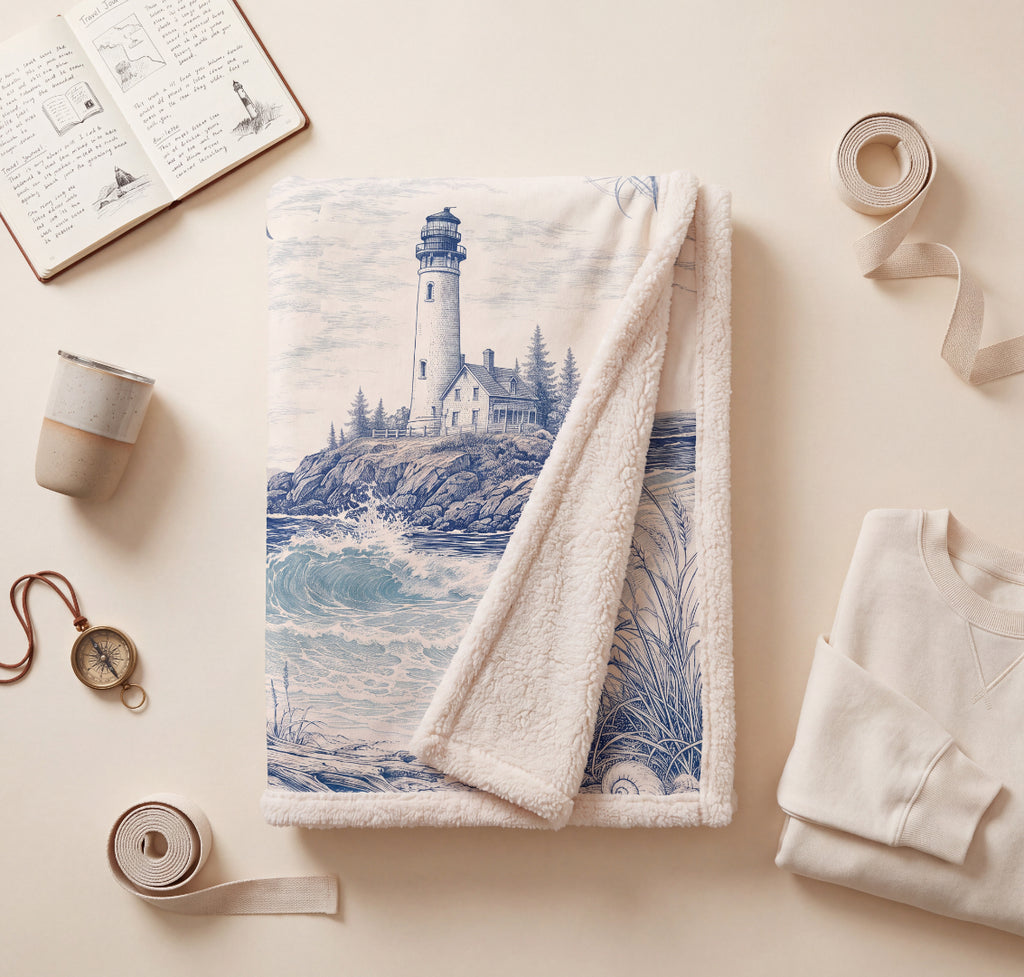 Lighthouse Coastal Sherpa Blanket — Nautical Ocean Wave Throw