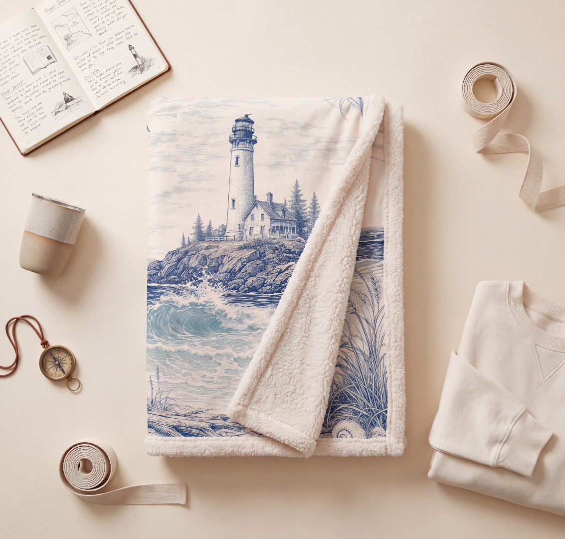 Lighthouse Coastal Sherpa Blanket — Nautical Ocean Wave Throw
