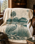 Coastal Heron Sherpa Blanket — Vintage Beach Scene Fleece Throw