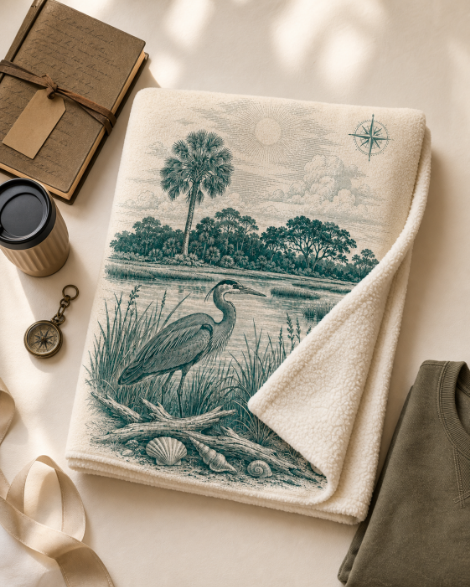 Coastal Heron Sherpa Blanket — Vintage Beach Scene Fleece Throw