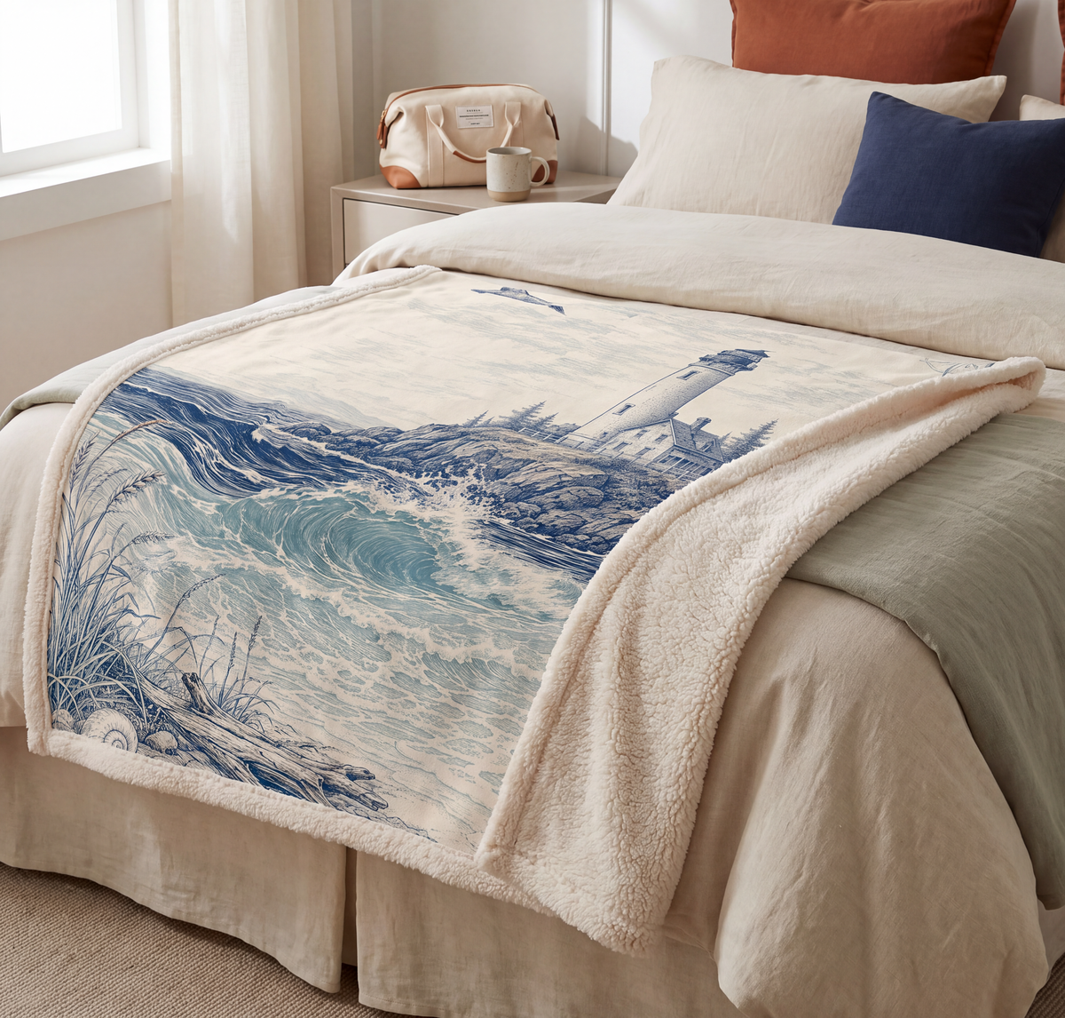 Lighthouse Coastal Sherpa Blanket — Nautical Ocean Wave Throw