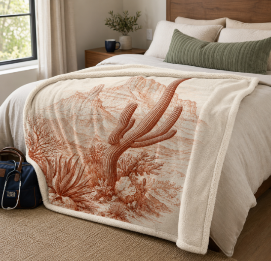 Desert Saguaro Sherpa Blanket — Southwestern Cactus Fleece Throw
