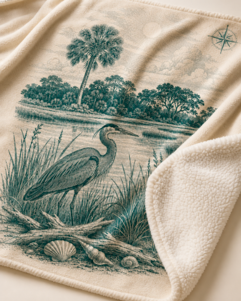 Coastal Heron Sherpa Blanket — Vintage Beach Scene Fleece Throw