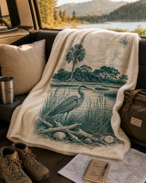 Coastal Heron Sherpa Blanket — Vintage Beach Scene Fleece Throw