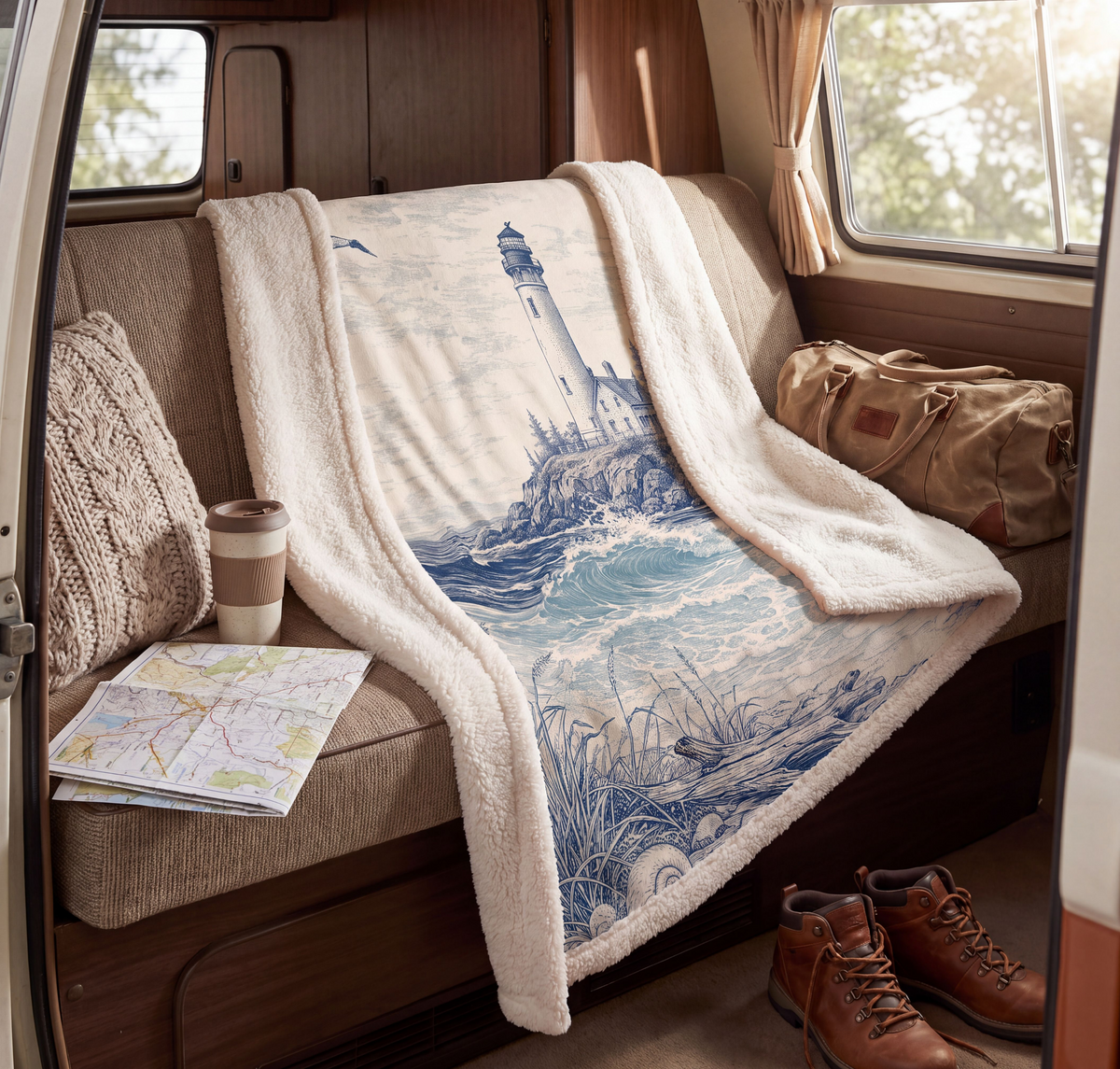 Lighthouse Coastal Sherpa Blanket — Nautical Ocean Wave Throw