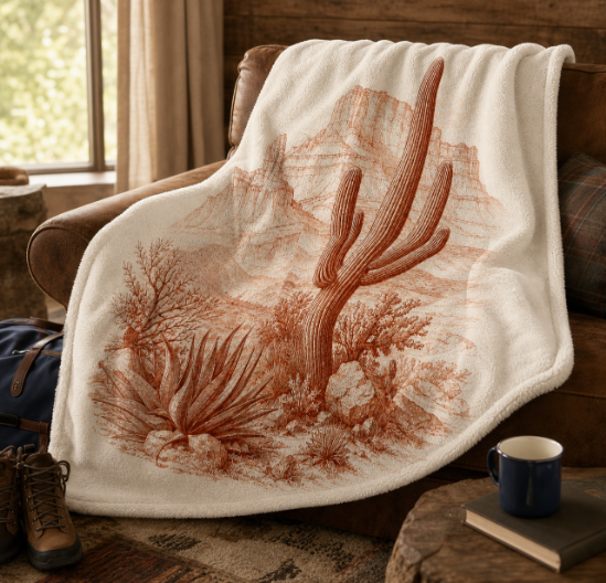 Desert Saguaro Sherpa Blanket — Southwestern Cactus Fleece Throw