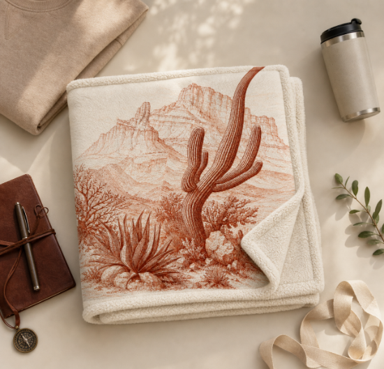 Desert Saguaro Sherpa Blanket — Southwestern Cactus Fleece Throw