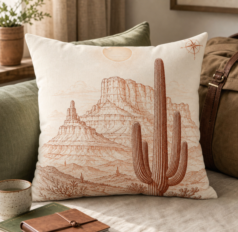 Desert Saguaro Throw Pillow — Southwestern Cactus Landscape Decorative Cushion