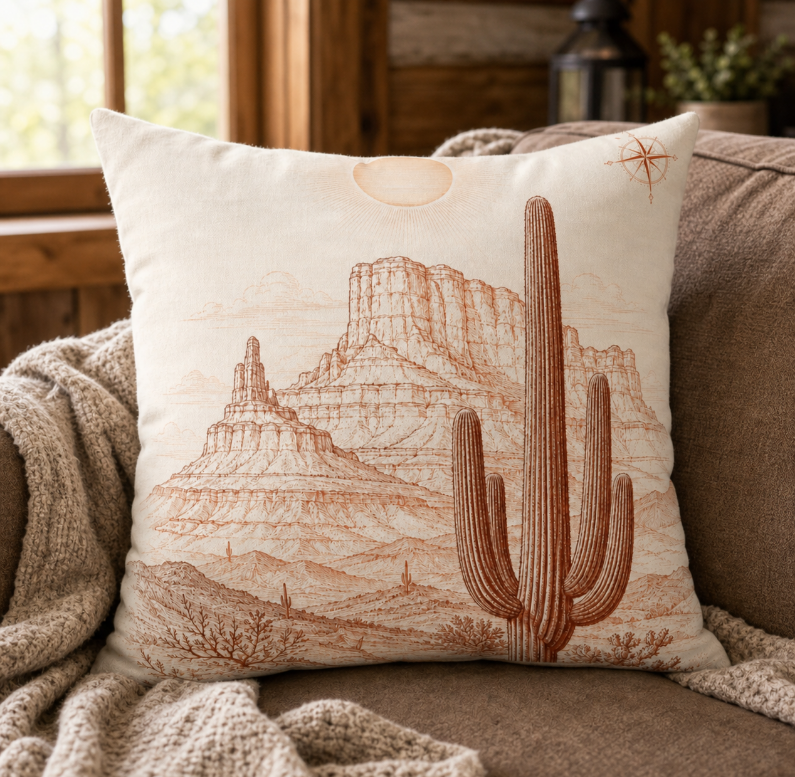 Desert Saguaro Throw Pillow — Southwestern Cactus Landscape Decorative Cushion