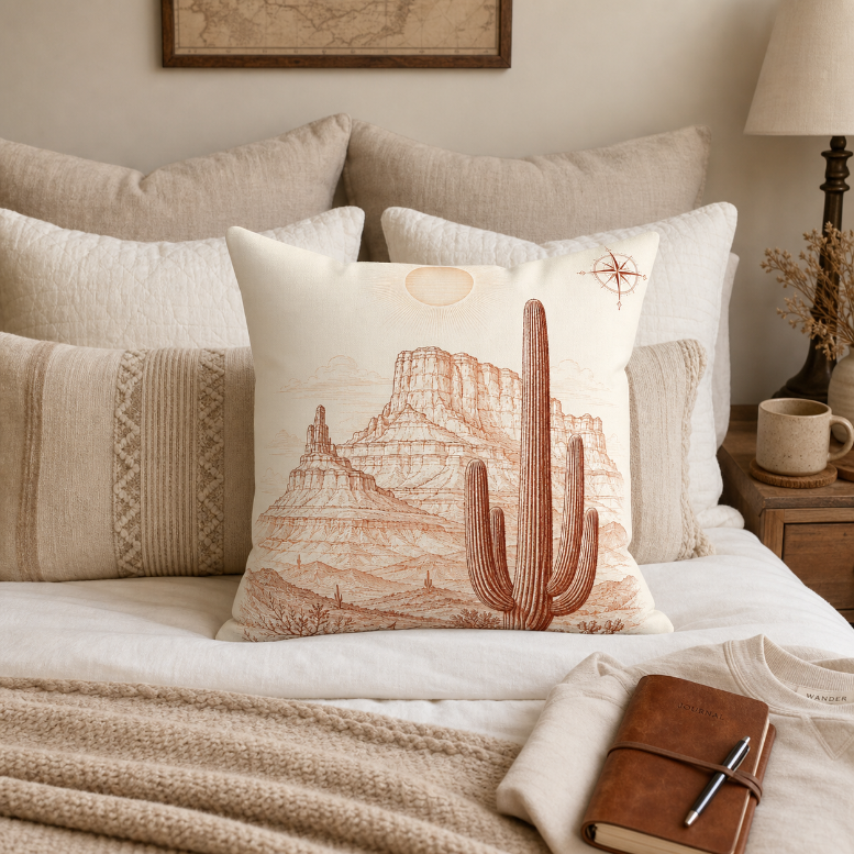 Desert Saguaro Throw Pillow — Southwestern Cactus Landscape Decorative Cushion