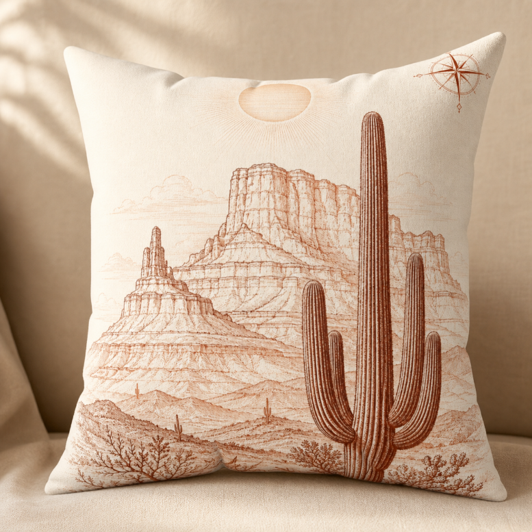 Desert Saguaro Throw Pillow — Southwestern Cactus Landscape Decorative Cushion