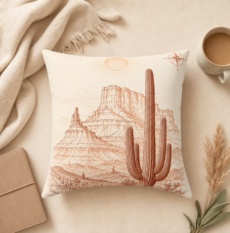 Desert Saguaro Throw Pillow — Southwestern Cactus Landscape Decorative Cushion