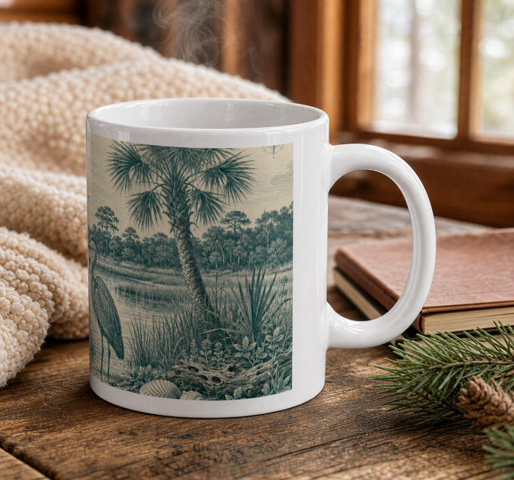 Heron Marsh 20oz Jumbo Mug — Vintage Coastal Wildlife Coffee Cup