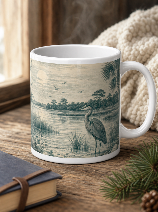 Heron Marsh 20oz Jumbo Mug — Vintage Coastal Wildlife Coffee Cup