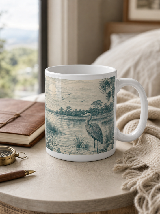 Heron Marsh 20oz Jumbo Mug — Vintage Coastal Wildlife Coffee Cup