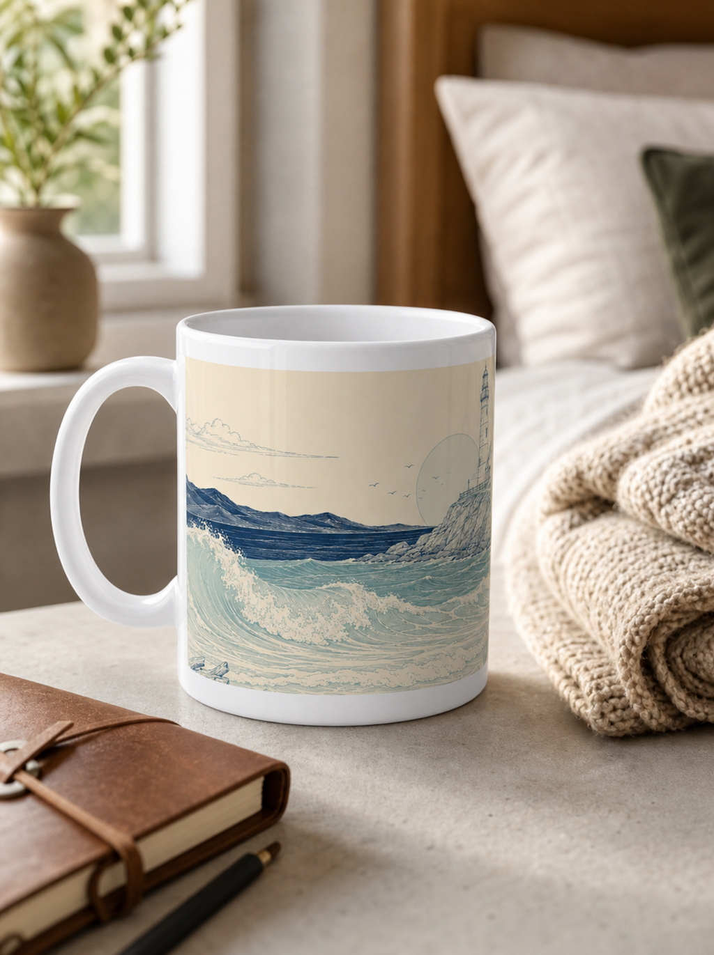 20oz Coastal Lighthouse Mug — Vintage Ocean Waves Scenic Coffee Cup