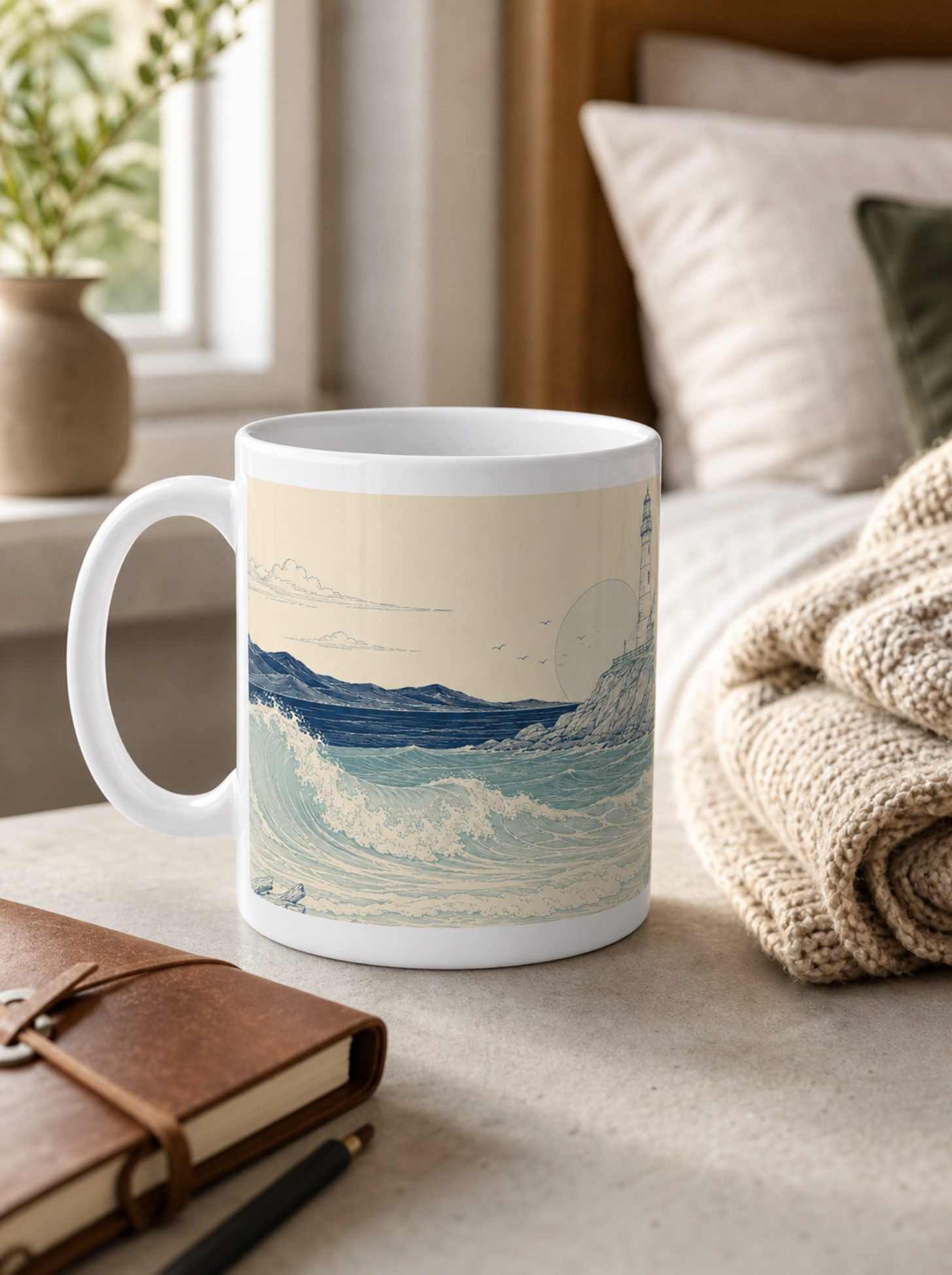 20oz Coastal Lighthouse Mug — Vintage Ocean Waves Scenic Coffee Cup